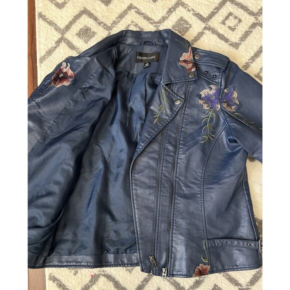 COLLEEN LOPEZ Blue Faux Leather Floral Embroidered Studded Zip Moto Jacket Sz XL - Picture 9 of 14